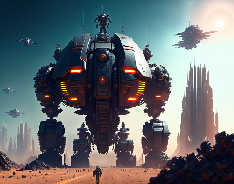 Futuristic desert landscape with hovering ships and lone figure