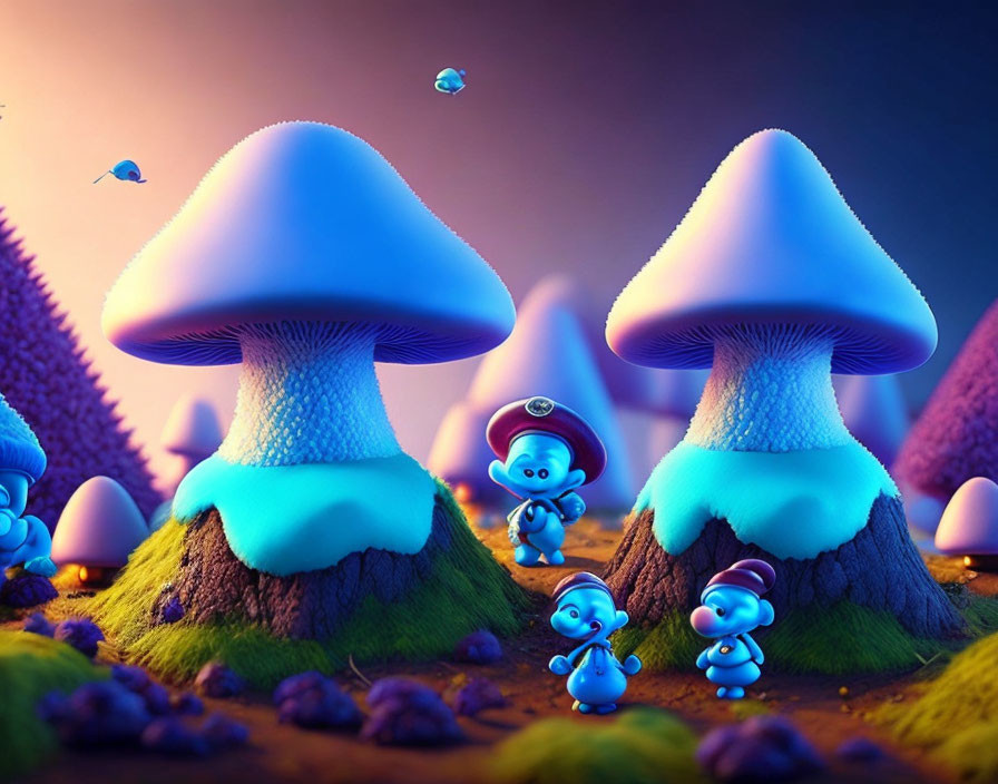 Blue creatures in fantastical forest with oversized mushrooms & vibrant flora