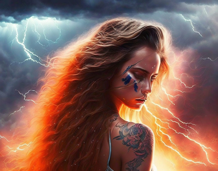 Digital artwork featuring woman with wavy hair, blue face paint, and tattoo in stormy setting