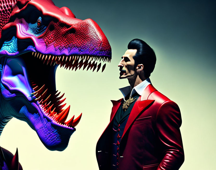 Confident Man in Red Suit with Colorful T-Rex Head