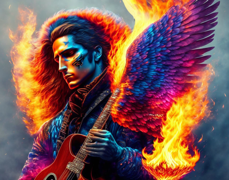 Male figure with blue face, fiery wings, holding guitar in vibrant illustration.