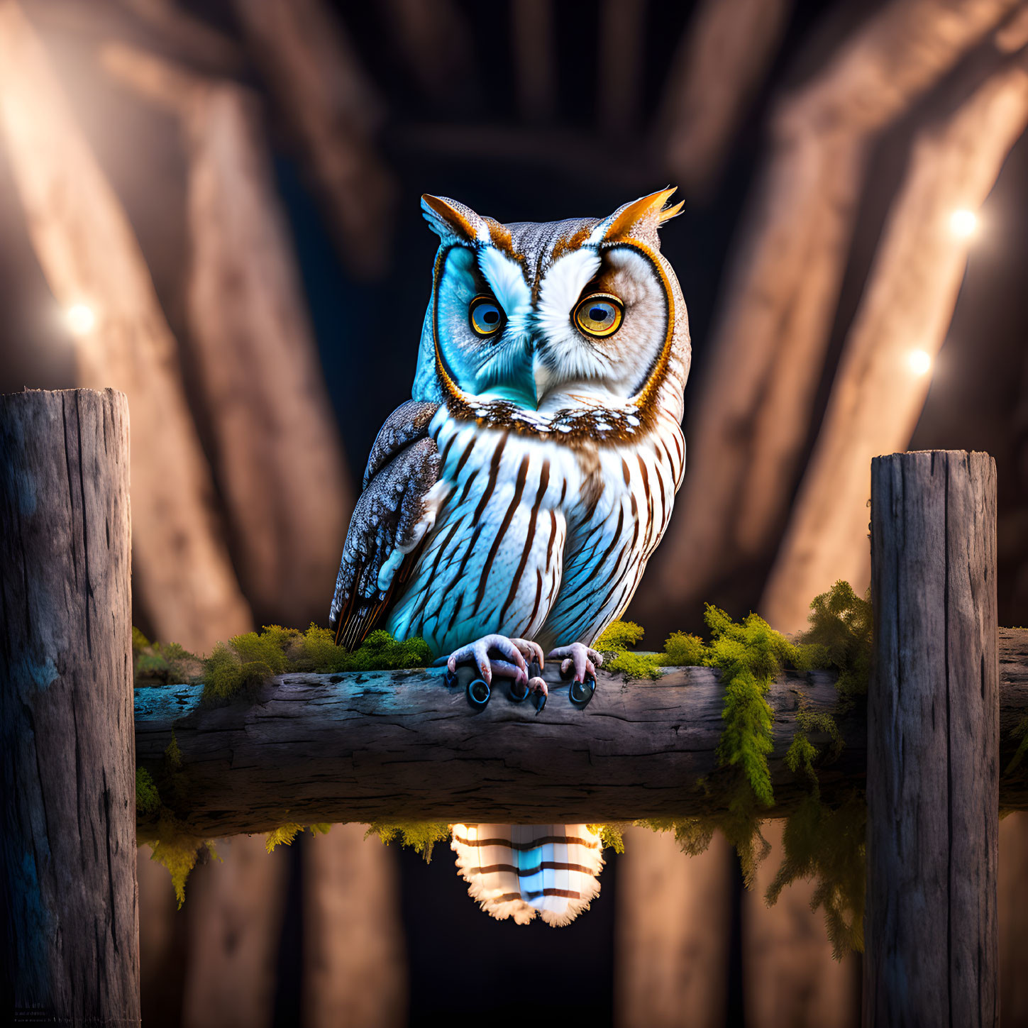 Owl perched on mossy beam in rustic setting with string lights and reflection