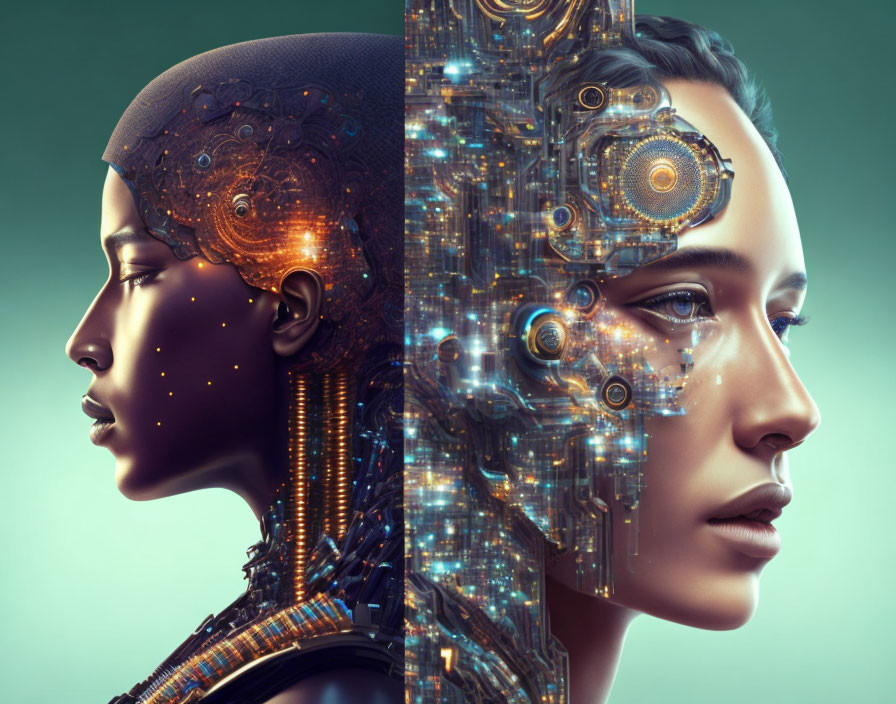 Female figures with cybernetic enhancements and glowing circuits in side profiles.