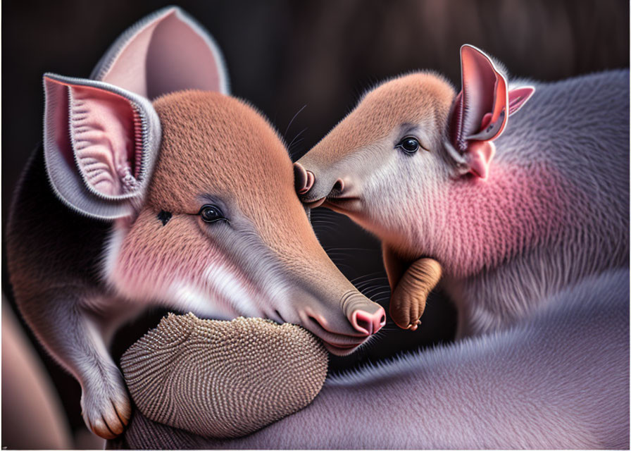 Two aardvarks in close interaction, one nuzzling the other's ear.