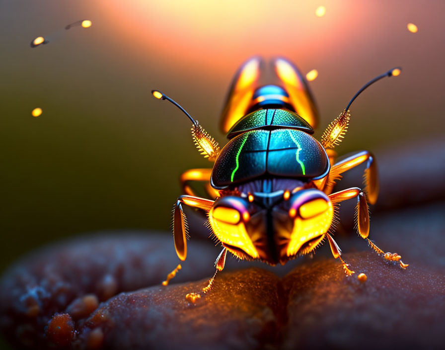 Vibrant metallic beetle on textured surface under warm light