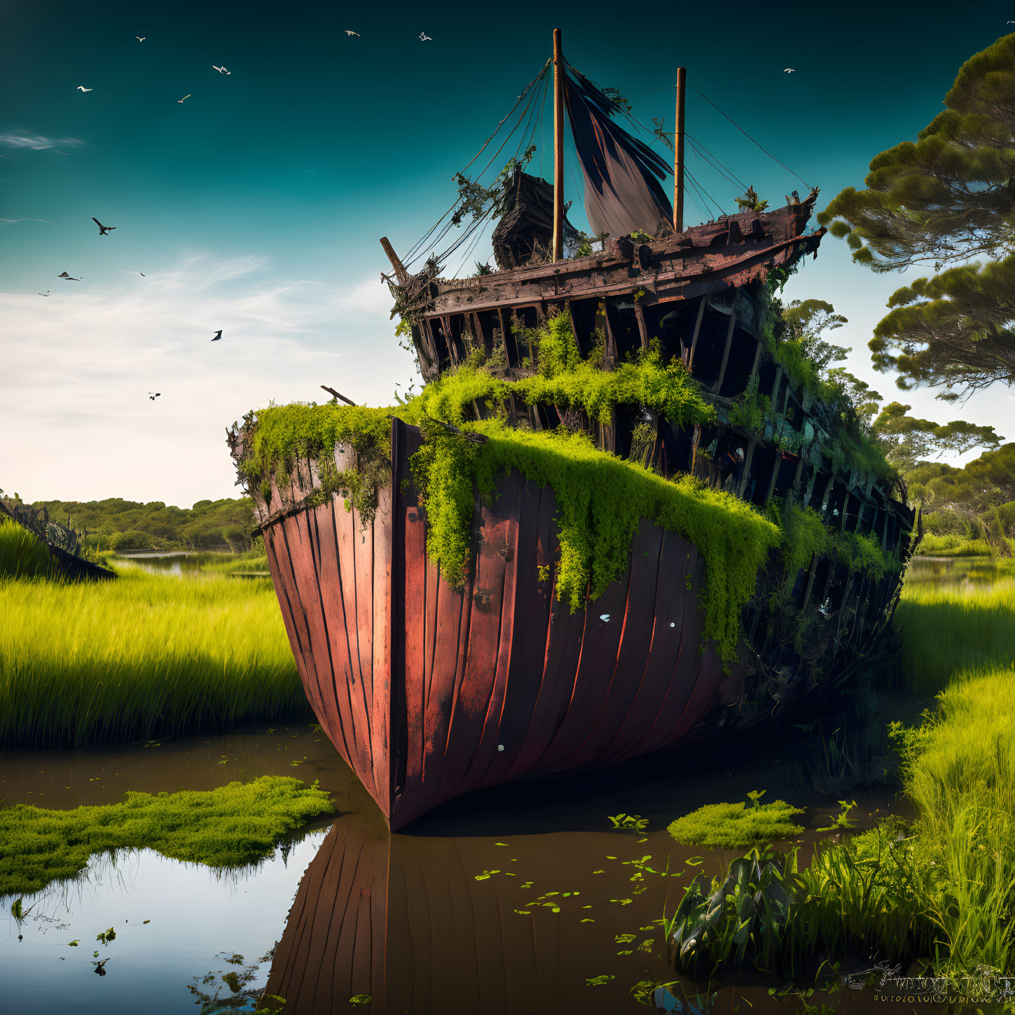 Rusting shipwreck in lush marsh with flying birds and blue sky