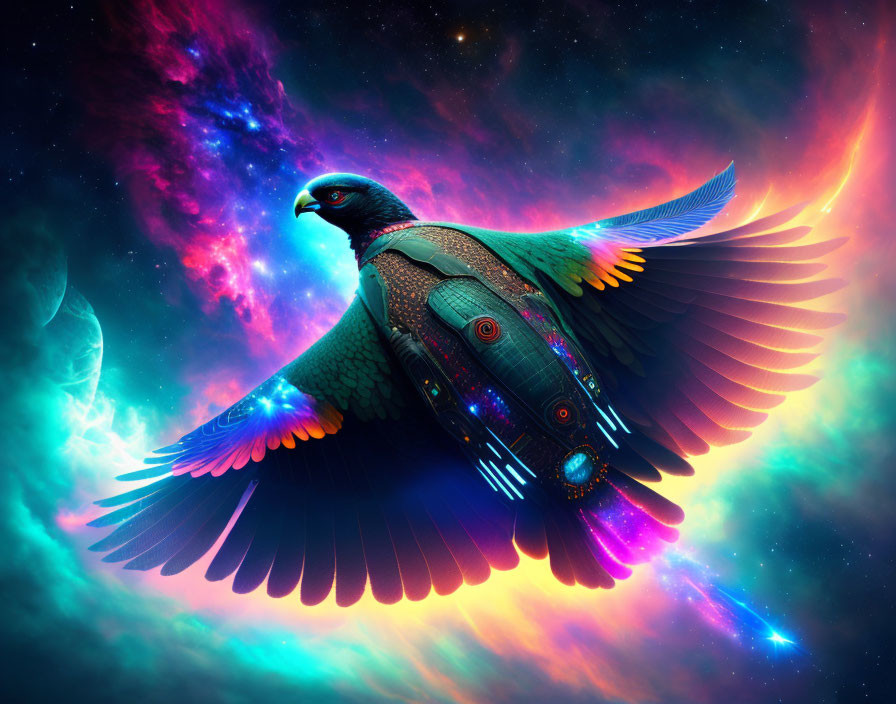 Colorful mechanical pigeon flying in cosmic nebula backdrop