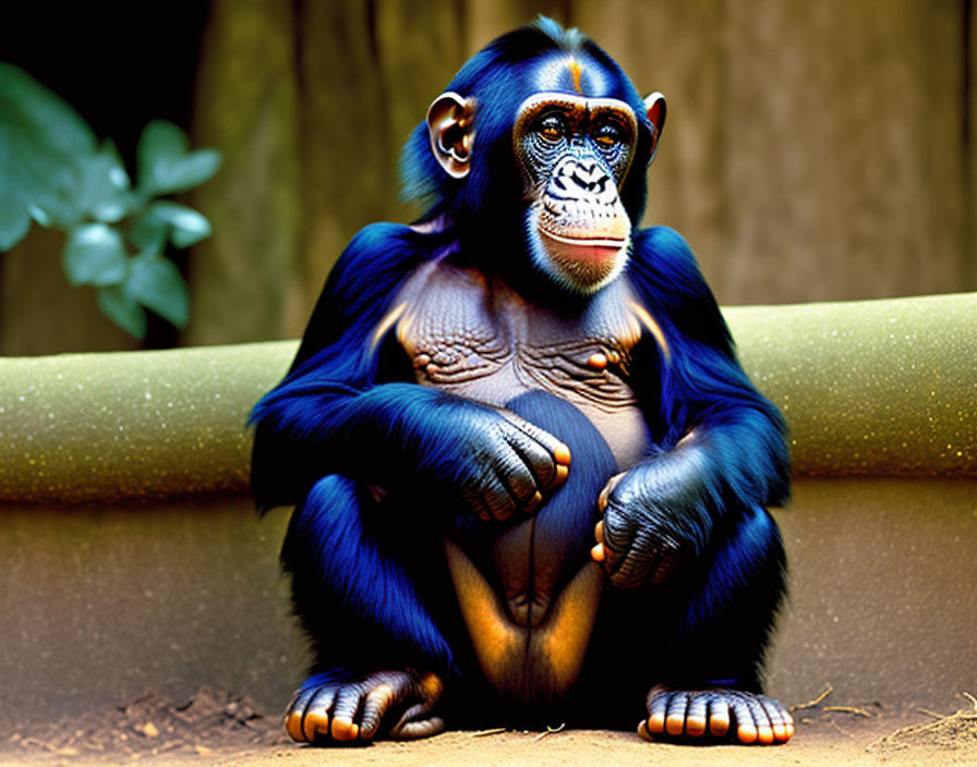 Blue-tinted chimpanzee sitting with hands on knees