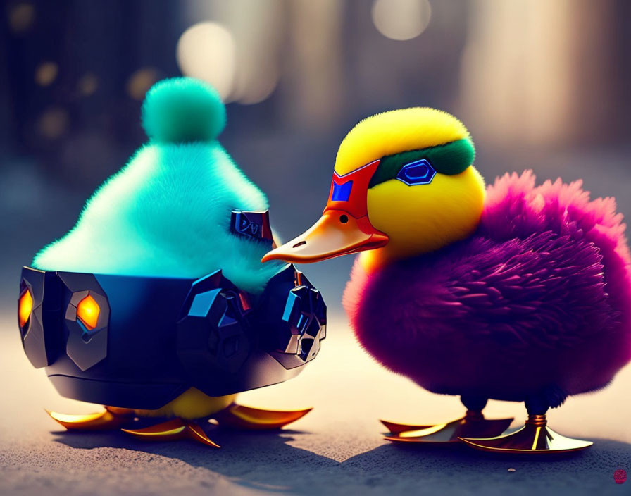 Vibrant digital artwork: Blue and purple stylized ducks with futuristic and metallic details