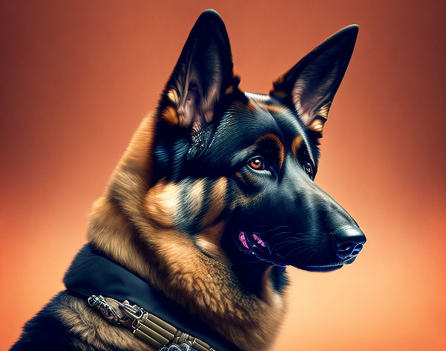 German Shepherd portrait with shiny coat on orange background.