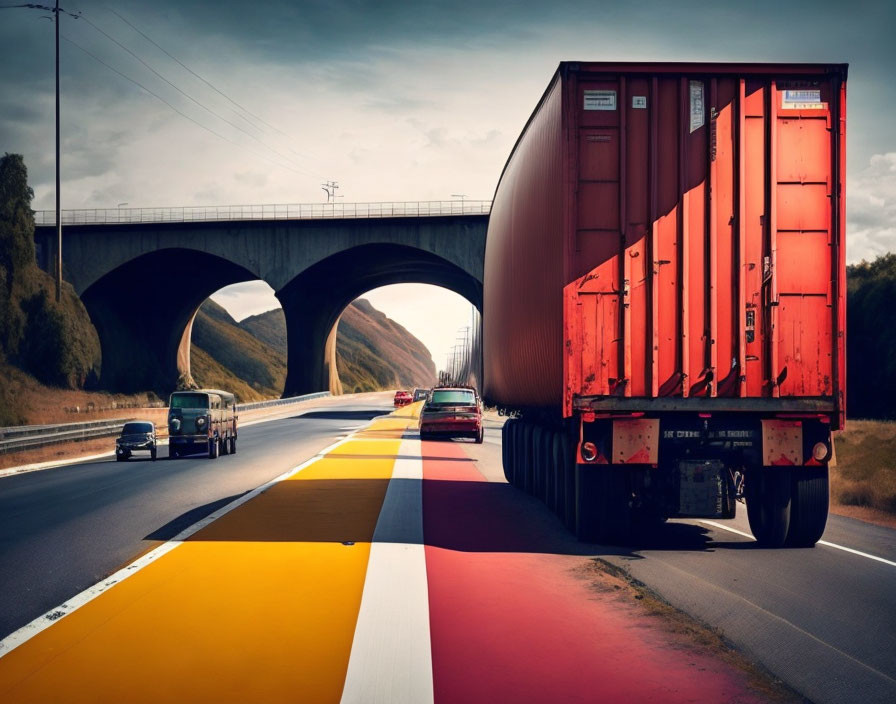 Red container semi-truck on highway under concrete bridge with cars near; Belgium-colored road.