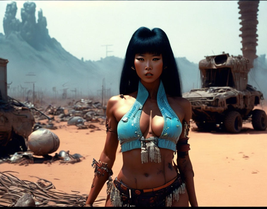 Futuristic desert woman among wrecked vehicles and rocky outcroppings