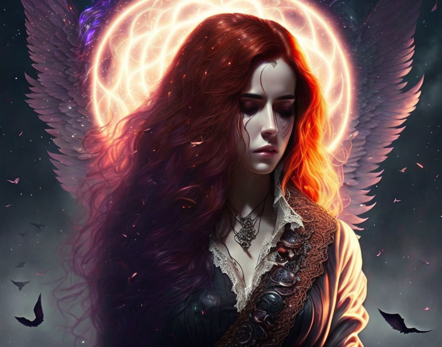 Mystical female figure with red hair and angelic wings in glowing halo surrounded by birds on dark