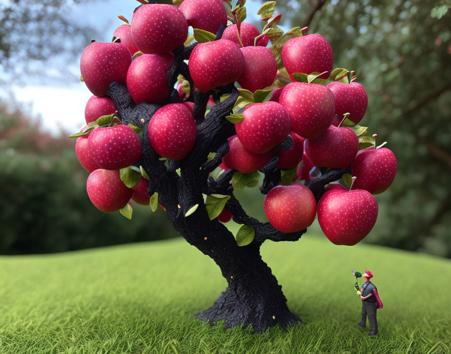 Miniature figure by large apple tree with oversized red apples