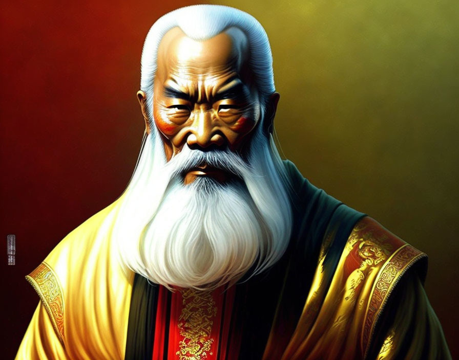 Elderly man with long white beard in traditional Chinese robe against gradient background