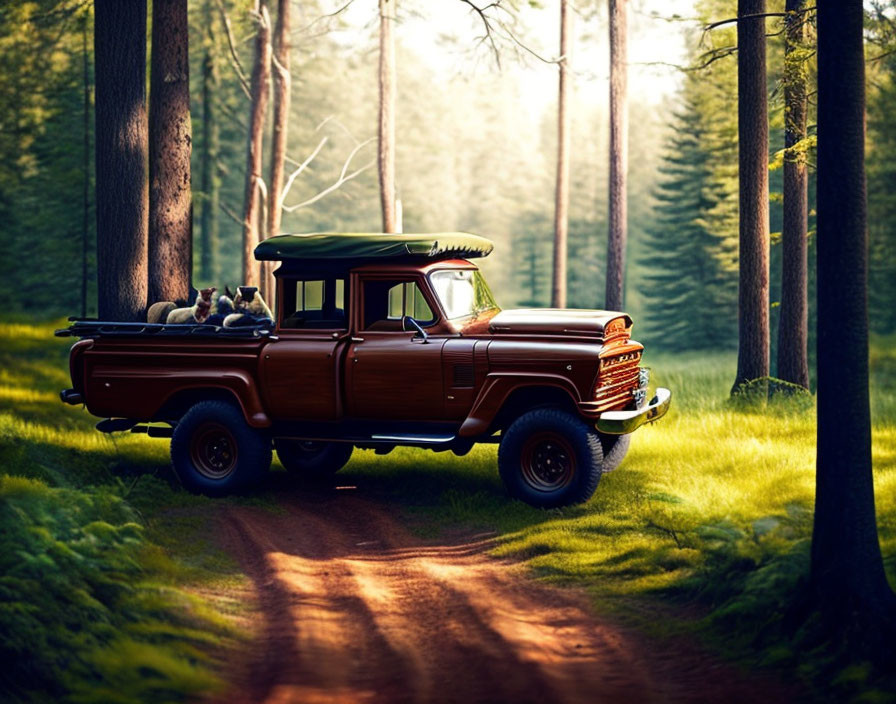 Vintage Pickup Truck with Rooftop Cargo Carrier Parked in Forest Trail