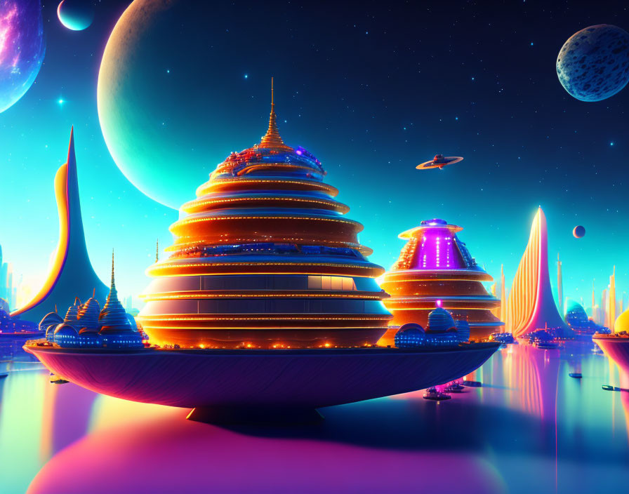 Futuristic night cityscape with dome-shaped buildings, reflective water, and celestial sky