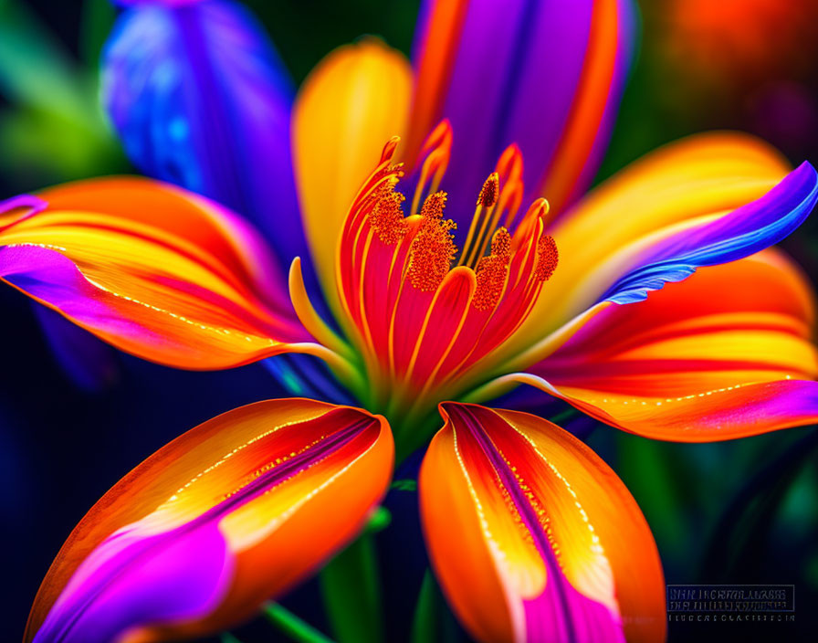 Colorful Close-Up of Orange and Yellow Flower with Purple Edges