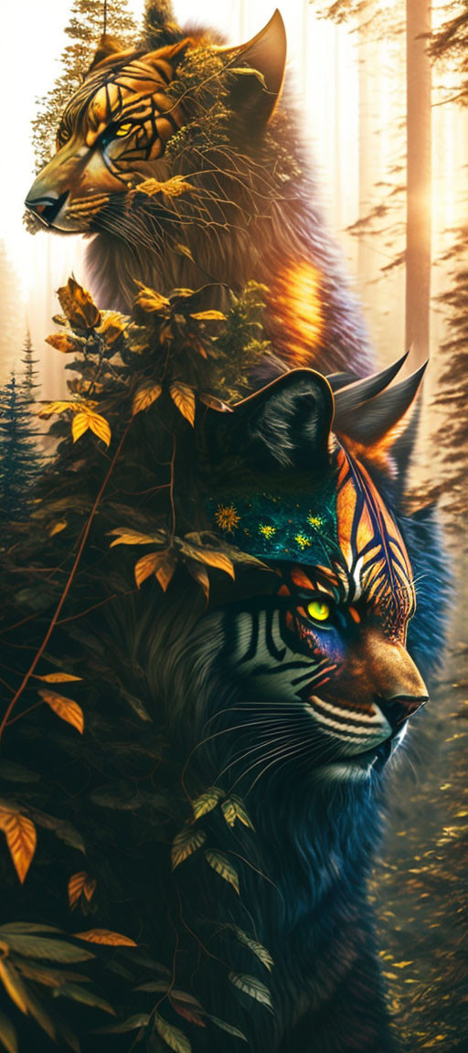 Vibrant mystical felines in autumn forest setting