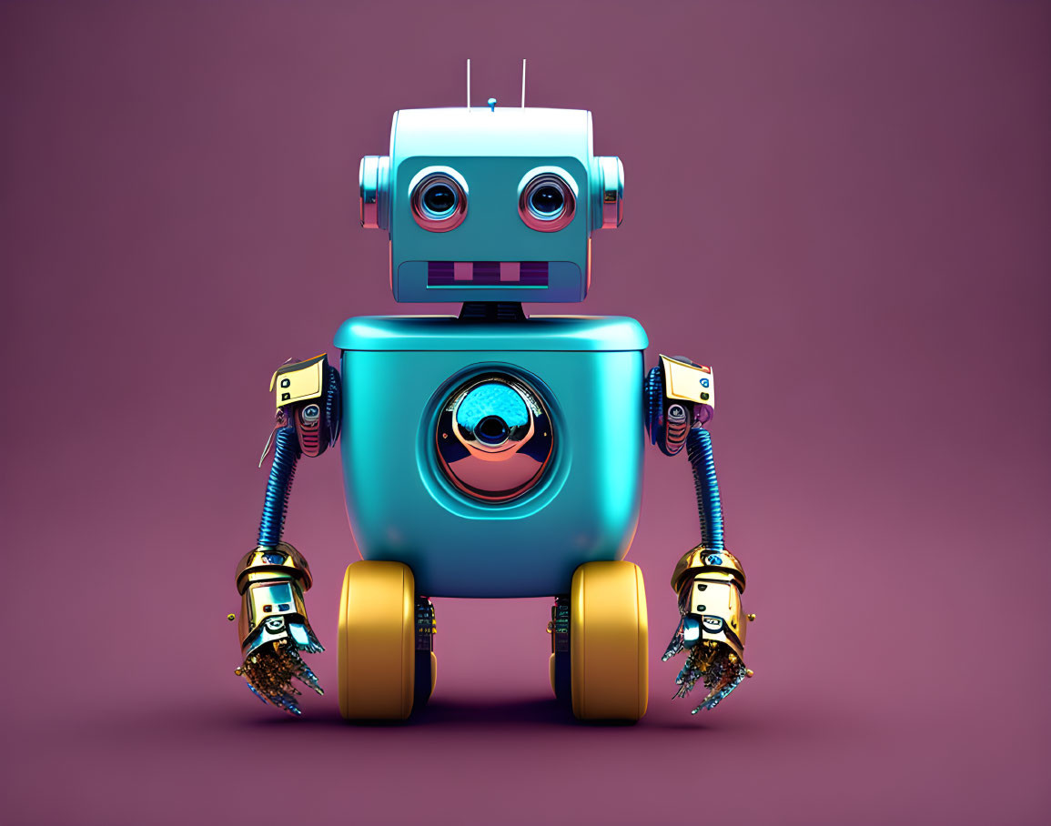 Colorful Cartoon-Like Robot with Square Head on Purple Background