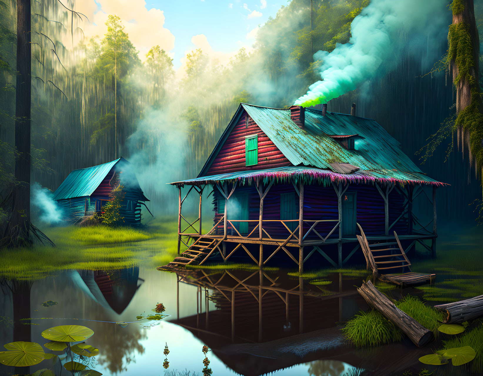 Tranquil scene: Wooden houses on stilts near reflective lake in lush forest