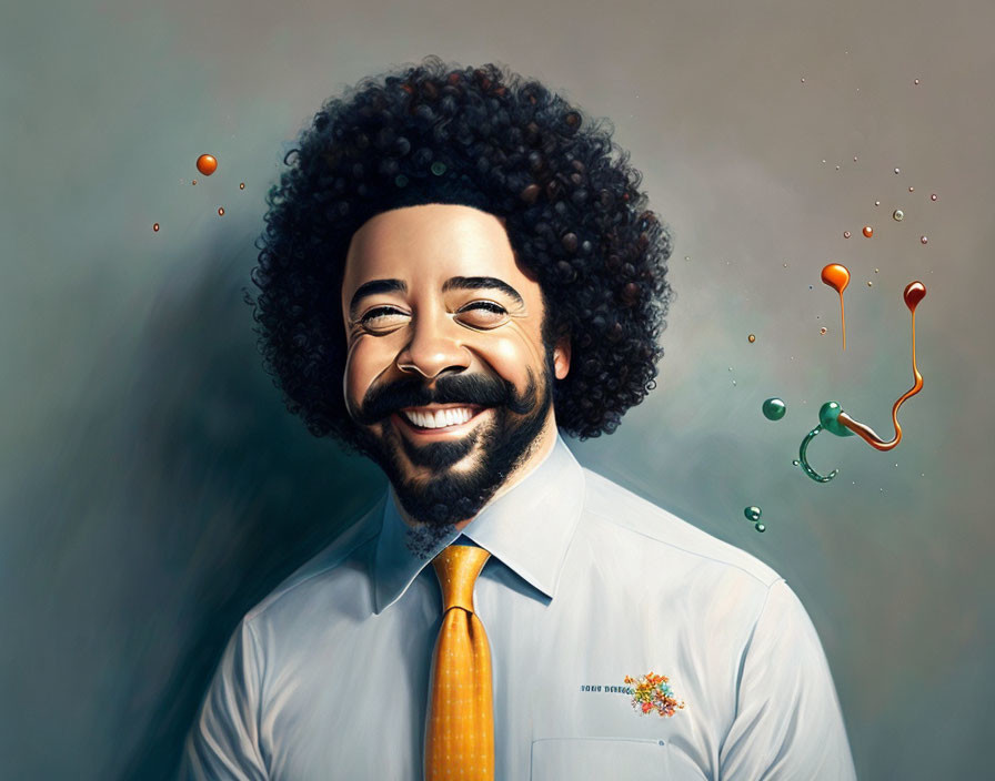 Colorful digital artwork: Smiling man with large afro in white shirt and orange tie