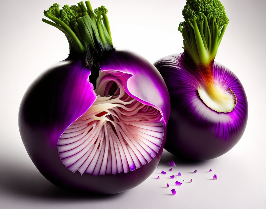 Purple Onions with Sliced Layers and Sprouting Green Stems