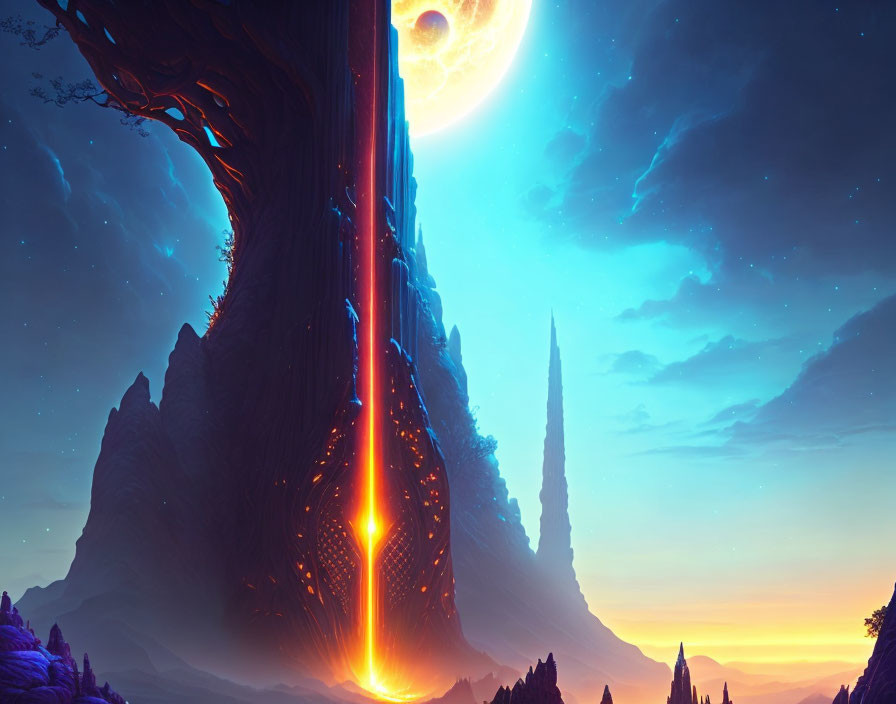 Majestic mountain spire with glowing lava stream under twilight sky