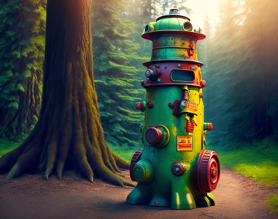 Whimsical green and yellow robot in sunlit forest