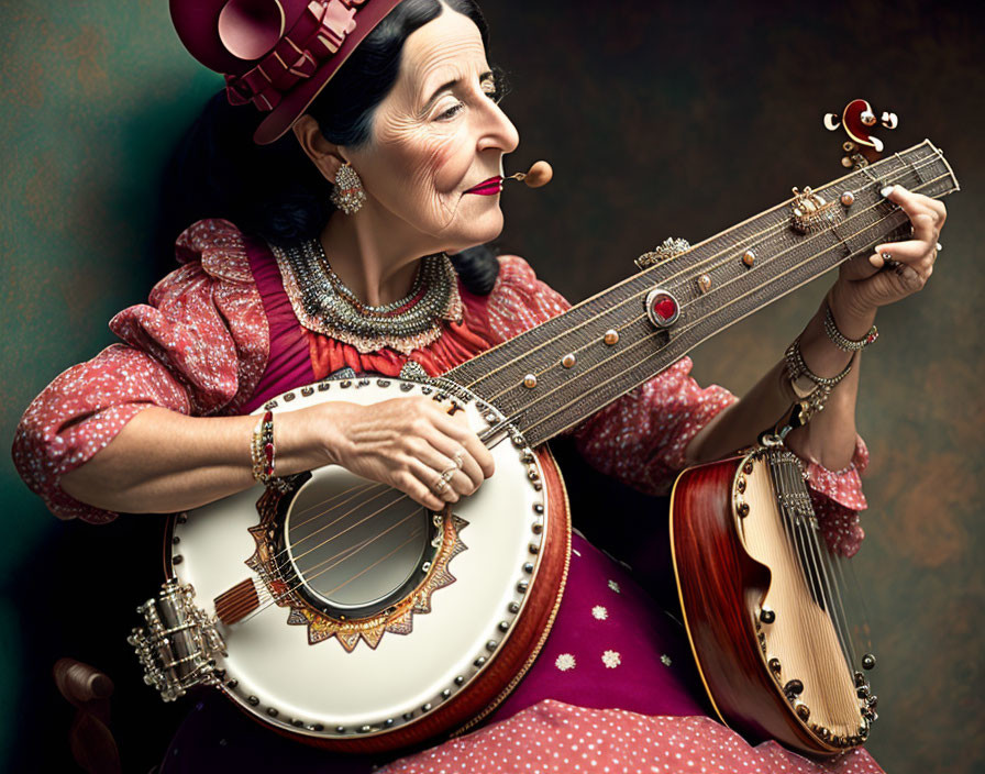 Elderly woman playing banjo in colorful attire