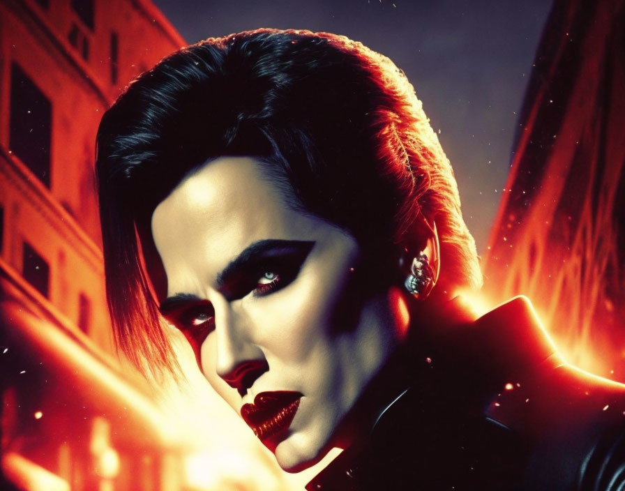 Stylized female character with dark hair and bold makeup against fiery backdrop