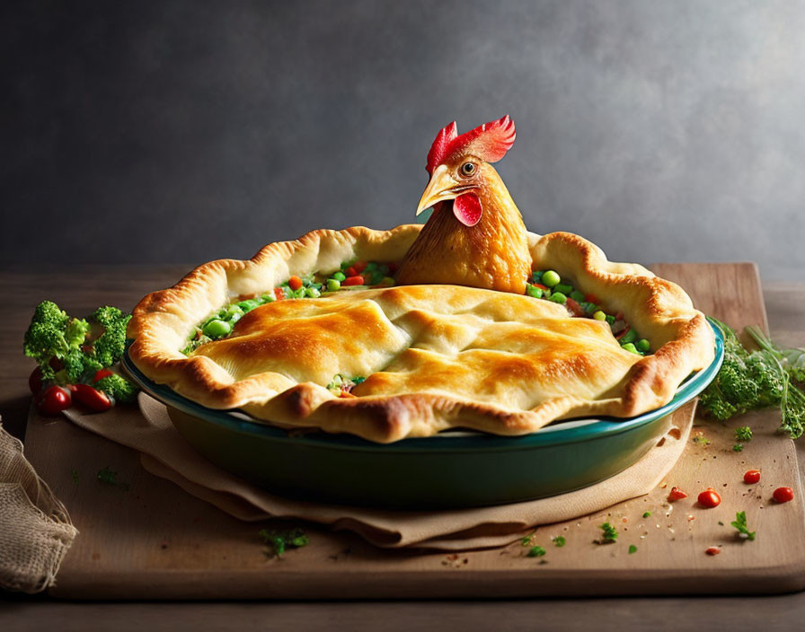 Chicken head on cooked pie with vegetables on wooden table