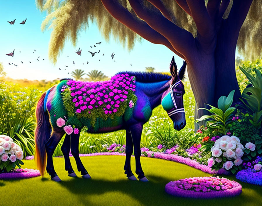 Colorful Horse with Floral Patterns in Lush Garden