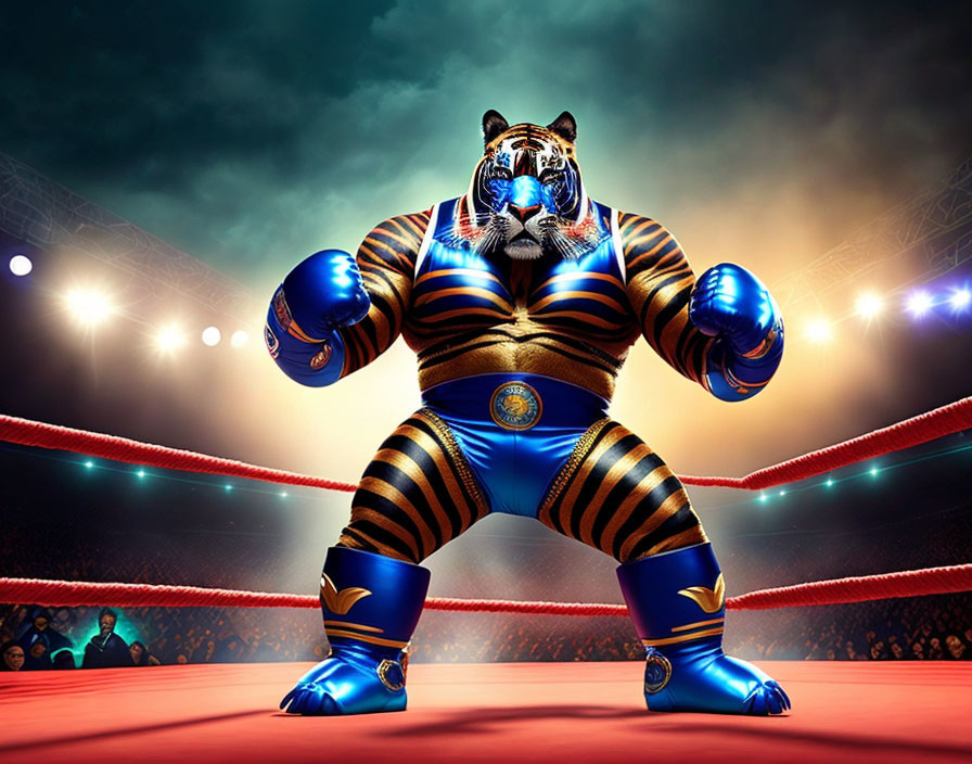 Anthropomorphic tiger boxer in blue and gold attire under bright lights