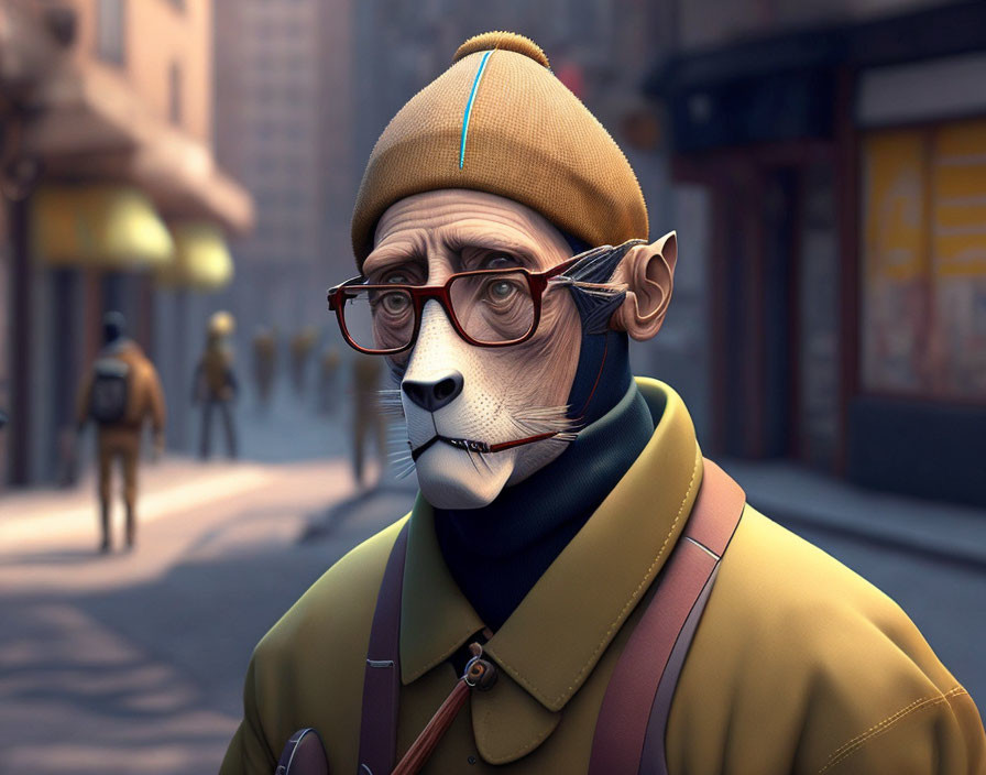 Anthropomorphic monkey with glasses and beanie hat in city street