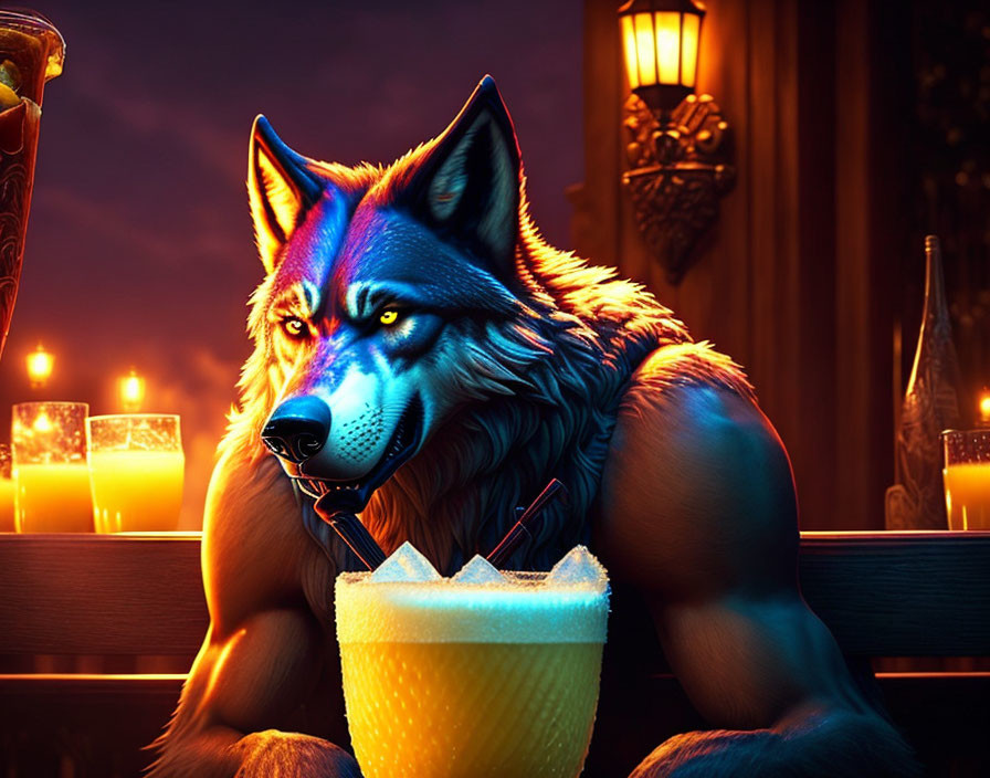 Anthropomorphic wolf enjoying a drink in candlelit bar