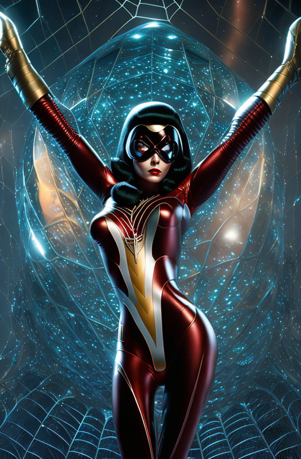 Female superhero in red and black suit with web patterns in dynamic pose against cosmic backdrop