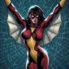 Female superhero in red and black suit with web patterns in dynamic pose against cosmic backdrop