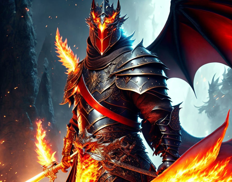 Fantasy warrior in black armor with dragon wings and flaming sword