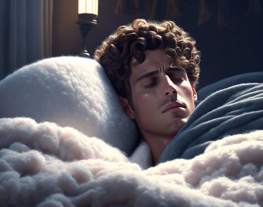 Digital artwork of person sleeping peacefully in fluffy white blankets