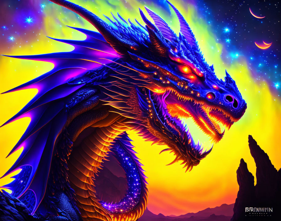 Blue dragon digital artwork against neon-lit sky