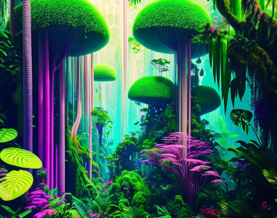 Colorful Fantasy Forest with Giant Mushroom Trees & Ethereal Light