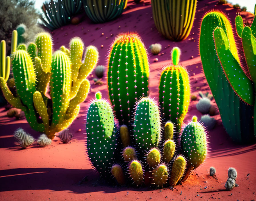 Colorful Cacti on Red Sand Under Sunlight