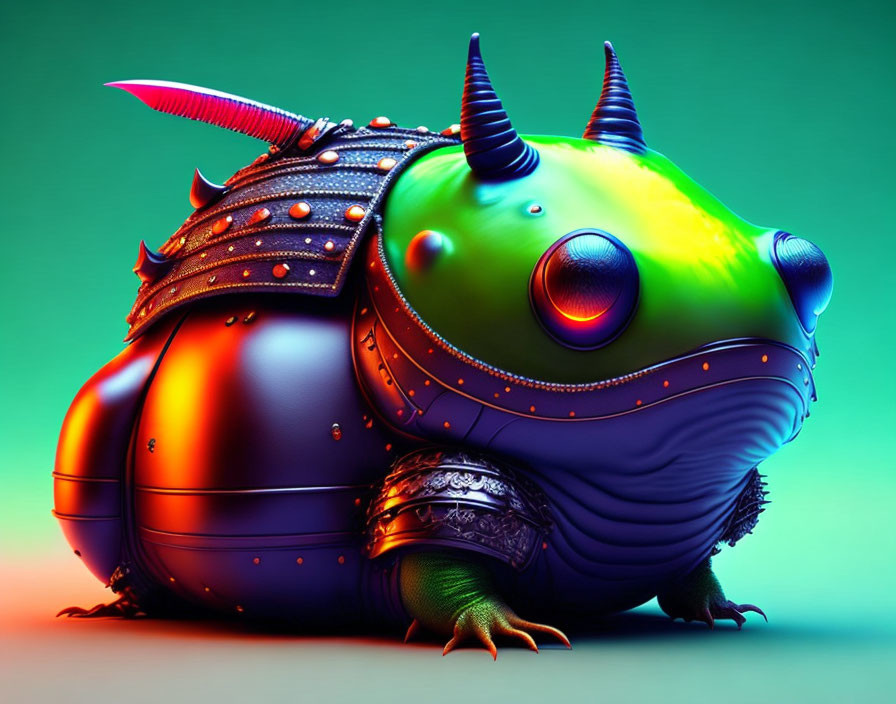 Colorful digital artwork: Armored creature with horns and large eyes