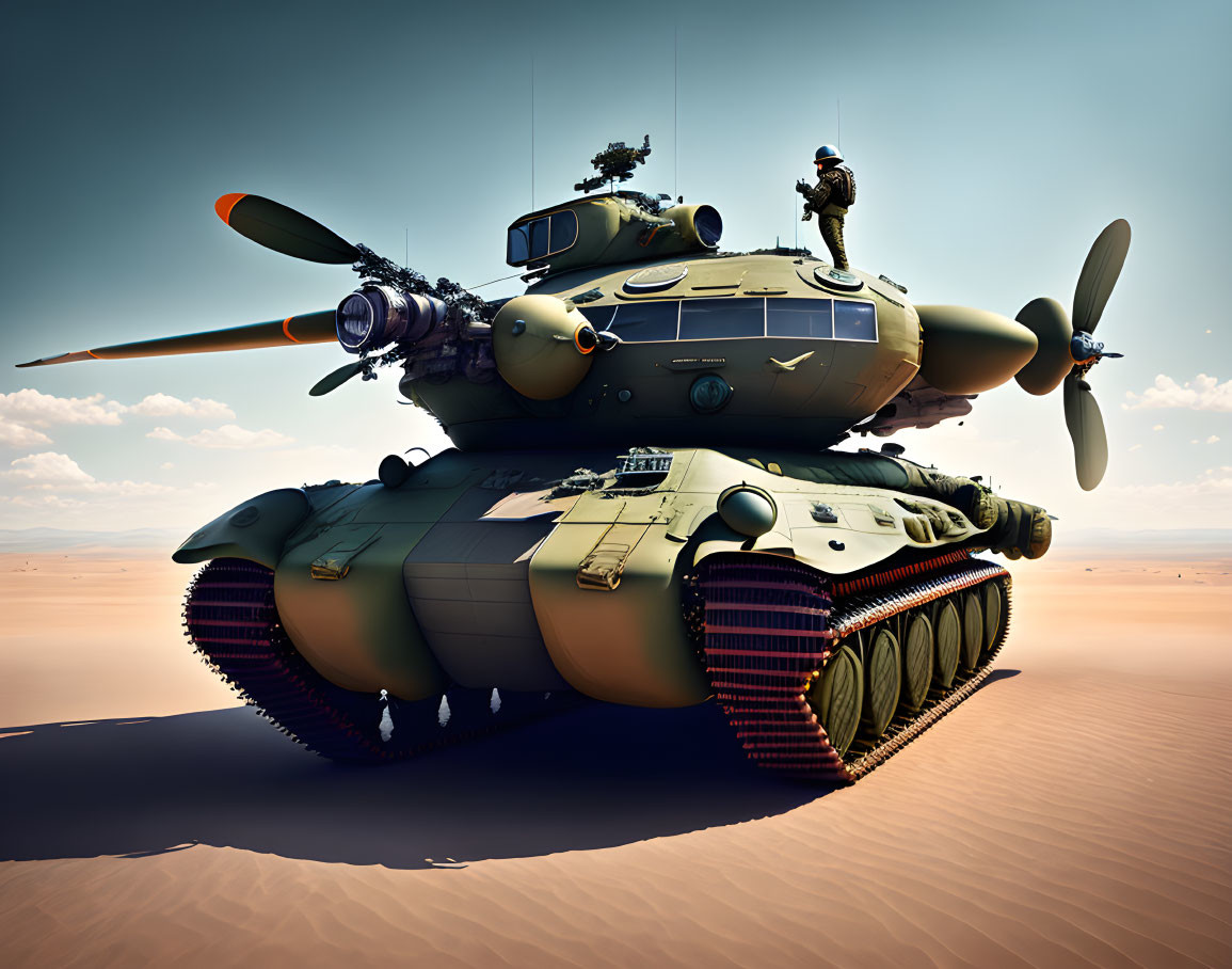 Fantastical tank with aircraft features in desert with soldier.