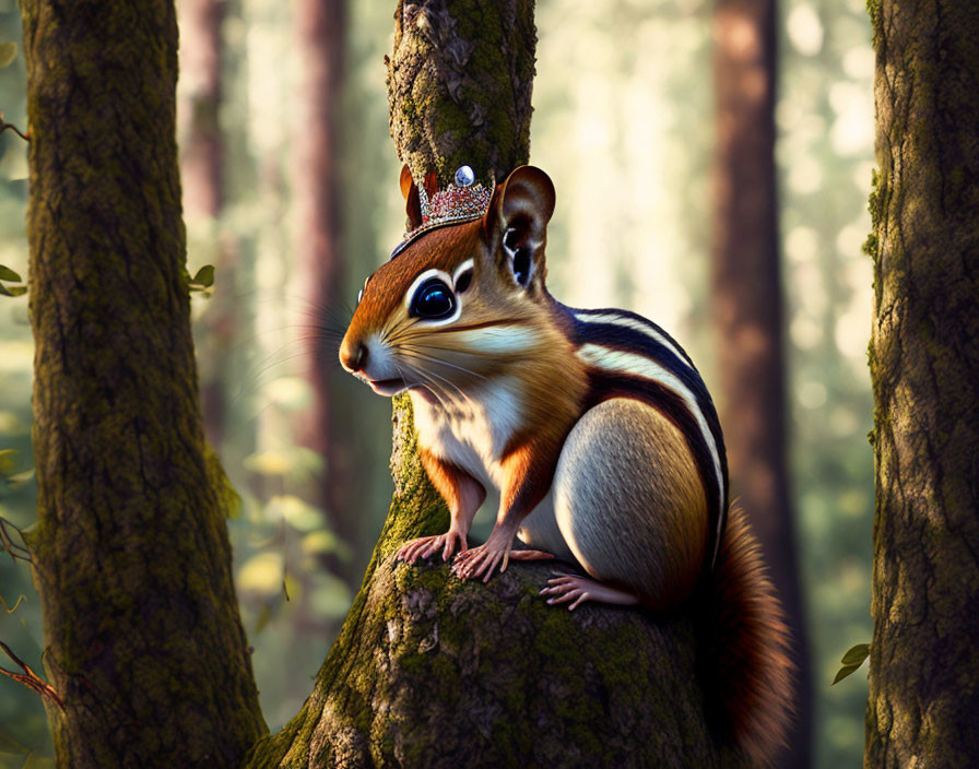 Illustration of chipmunk with crown on mossy branch in sunlit forest