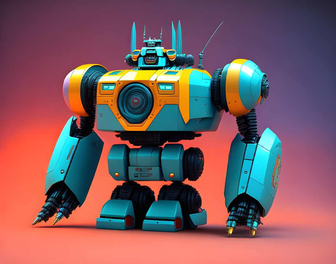 Stylized robot with camera torso and blue arms on gradient background