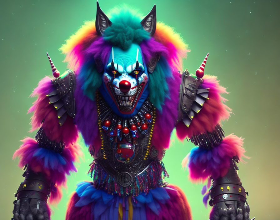 Colorful anthropomorphic wolf creature with beads, spikes, and armor.