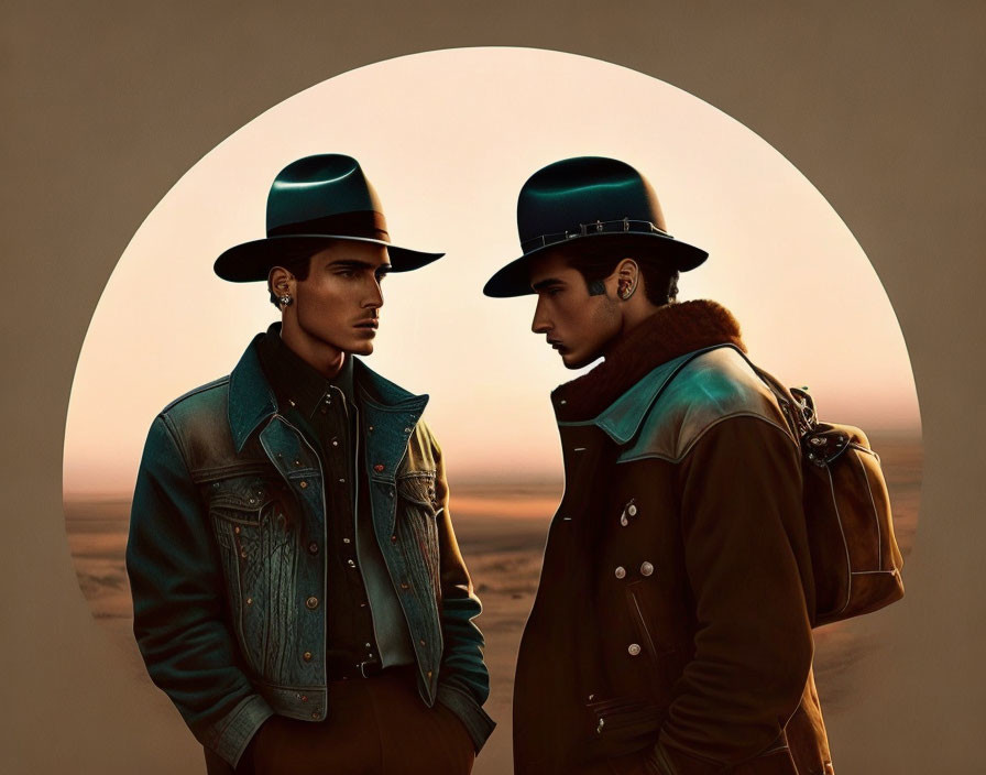 Men in stylish outfits with wide-brimmed hats in circular desert frame