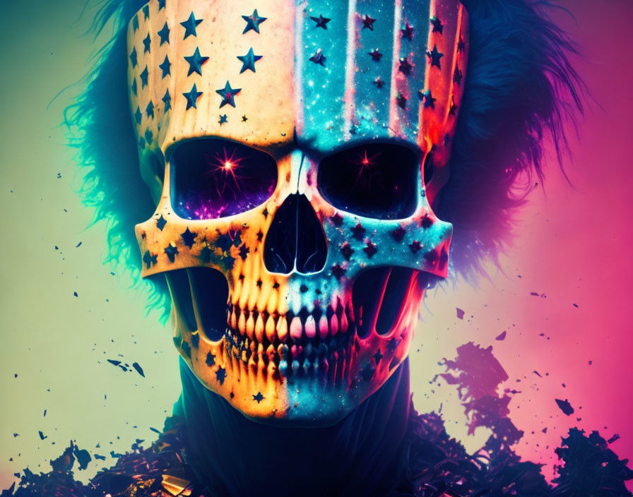 Colorful skull with star patterns and neon hues on multicolored backdrop